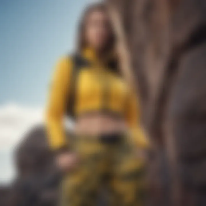 Stylish pairing of yellow camo pants with adventure gear, emphasizing the blend of fashion and functionality