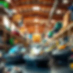 A vibrant water sports warehouse interior showcasing diverse equipment