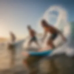 A vibrant beach scene showcasing boogie board riders catching waves under a clear sky.
