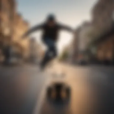 A rider smoothly gliding on a 32 inch cruiser board in an urban landscape.