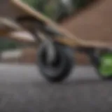 A close-up view showcasing the innovative folding mechanism of a longboard