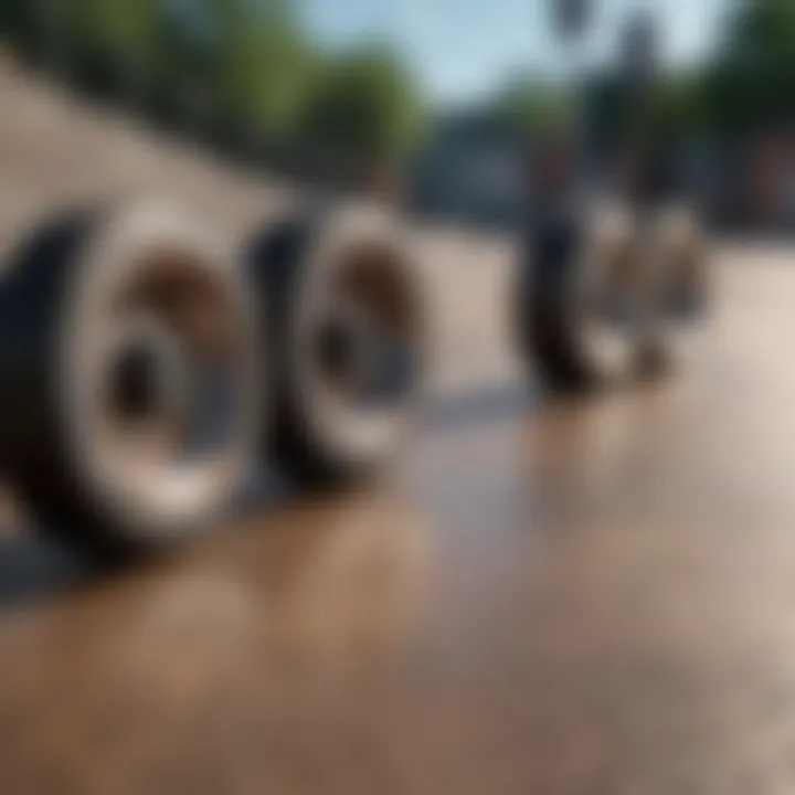 Close-up of skateboard wheels on a ramp