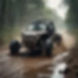 A powerful swamp buggy racing through a muddy track.