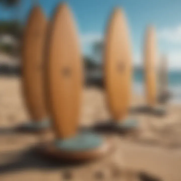 An array of wooden skimboards displayed for sale