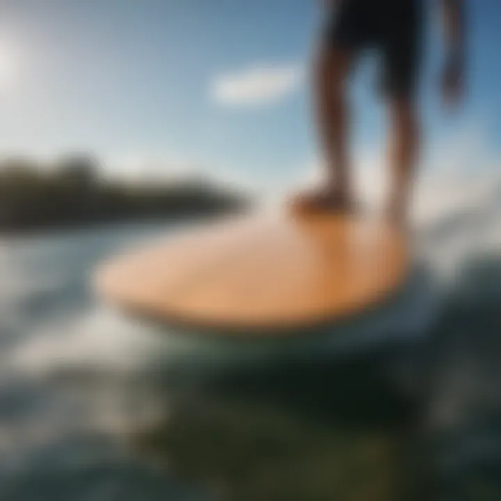 A wooden skimboard gliding over the water surface