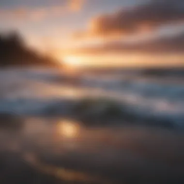 Stunning sunset over Tofino's coastline with waves crashing on the shore