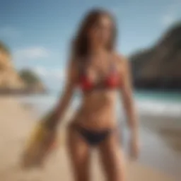 Stylish surfwear collection displayed on a sandy beach