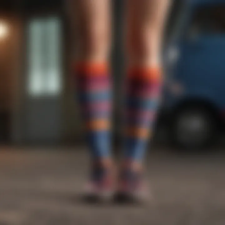 A close-up of Vans knee high socks displaying unique patterns and colors