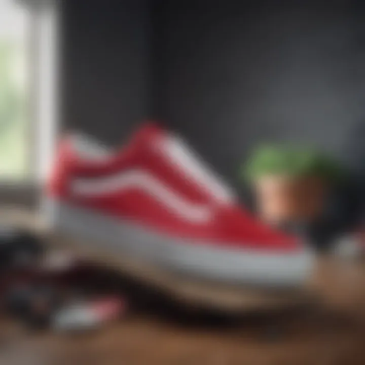 Stylish display of Vans Old Skool Velcro Red in a lifestyle context