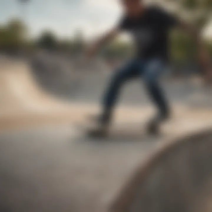 A skateboarder navigating a dynamic skatepark environment