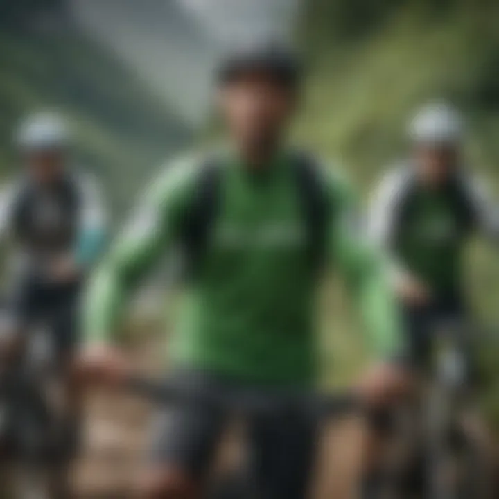 Group of extreme sports enthusiasts wearing coordinated green and white tops while mountain biking