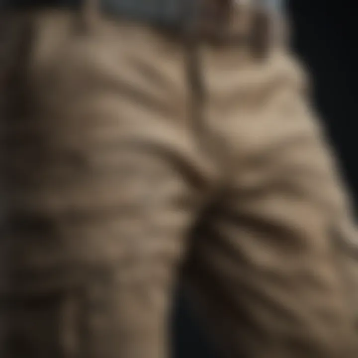 Close-up of the texture and design features of washed cargo pants