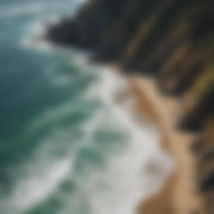 An aerial view of a coastline highlighting optimal tide conditions for extreme sports