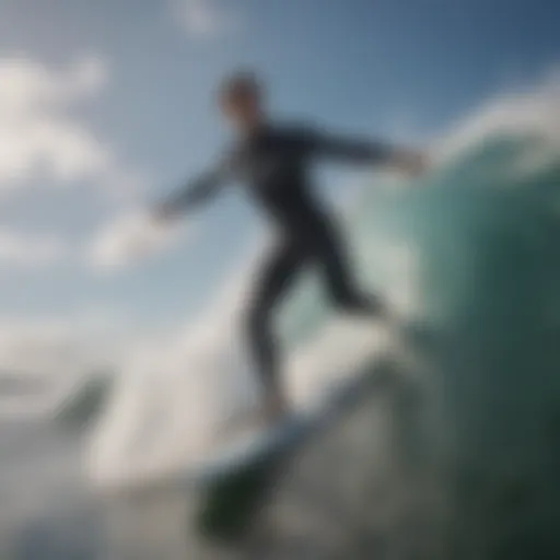 A dynamic surfer riding a powerful wave with a backdrop of clear skies