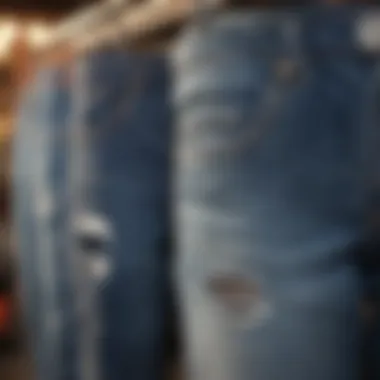 Diverse styles of jeans with holes displayed on a clothing rack