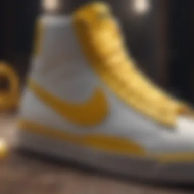 Close-up of a yellow and white Nike Blazer showcasing its design details