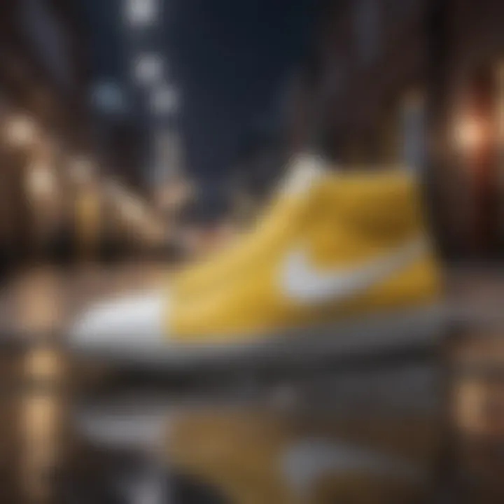 Stylish arrangement of yellow and white Nike Blazers in an urban setting