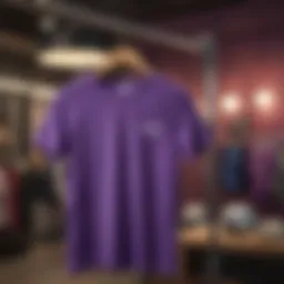 A vibrant purple t-shirt displayed on a hanger in a boutique setting