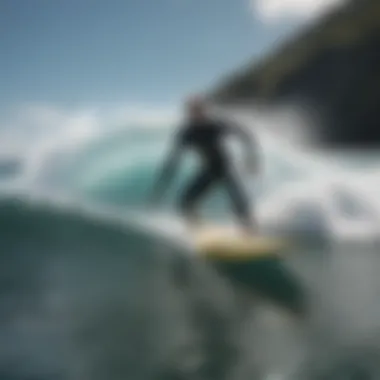 A surfboard riding a wave in the ocean