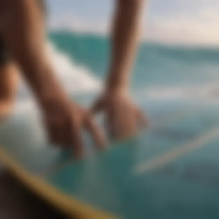 Close-up of a surfer choosing a board from a selection