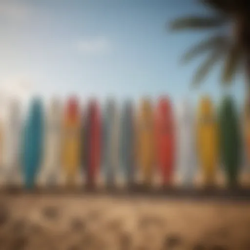 A variety of surfboards displayed on a beach