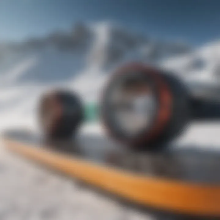 A close-up of snowboard features including flex and shape