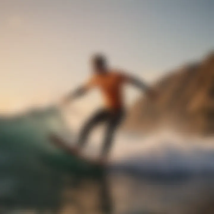 A surfer riding a wave on a Fire Wire surfboard, demonstrating its performance in action.