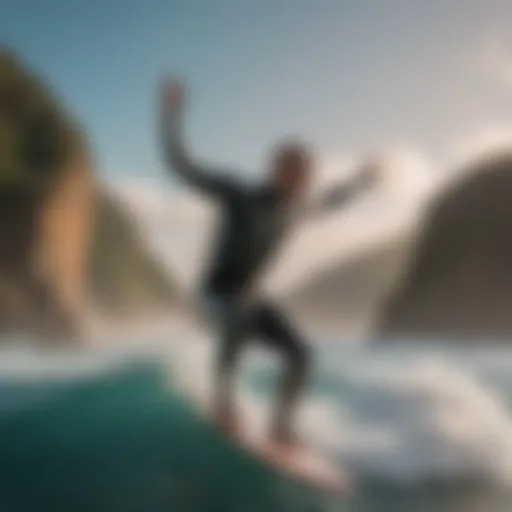 A surfer performing the Hang Ten sign with a vibrant ocean backdrop