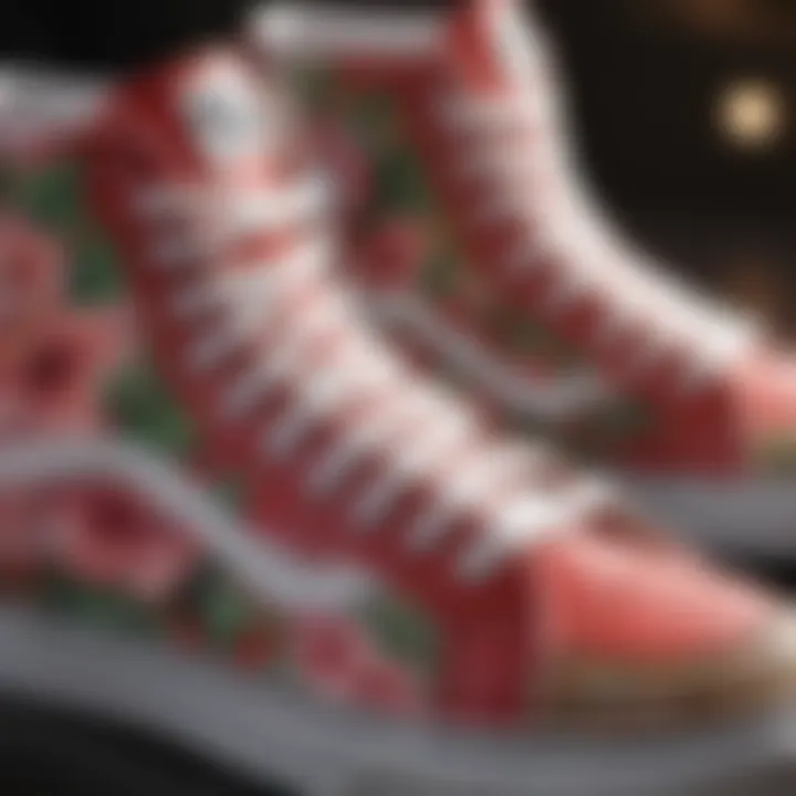 Close-up of the Vans high tops featuring intricate hibiscus flowers