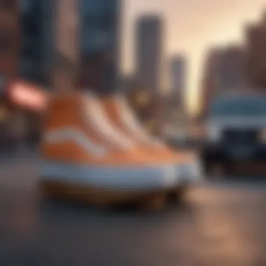 An artistic shot of Hi-Top Platform Vans against a vibrant urban backdrop