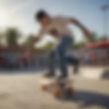 Christian Hosoi in Action on the Hammerhead Christian Hosoi performing a trick on the Hammerhead skateboard in a skatepark.