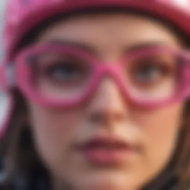 Close-up view of the performance features of hot pink snow goggles