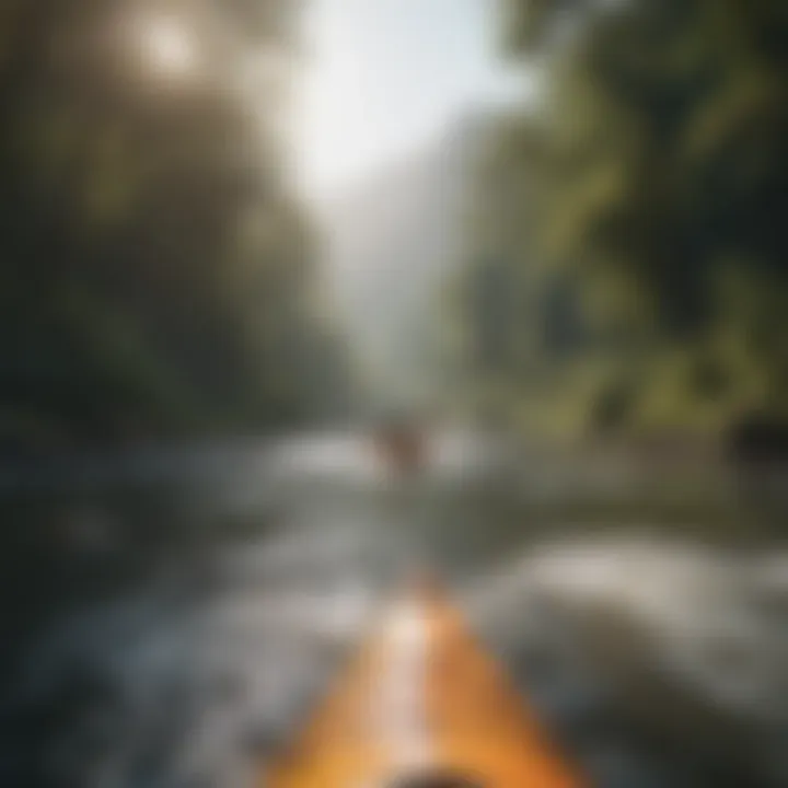 A scenic river with a kayaker skillfully navigating