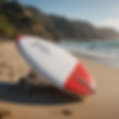 An array of hydrofoil surfboards displayed on a beach, illustrating various designs and styles.