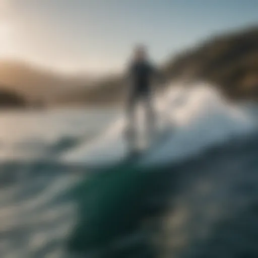 A hydrofoil surfboard gliding above the water surface, showcasing its innovative design.