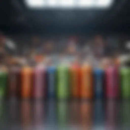 A vibrant array of energy drink cans showcasing various brands and flavors.