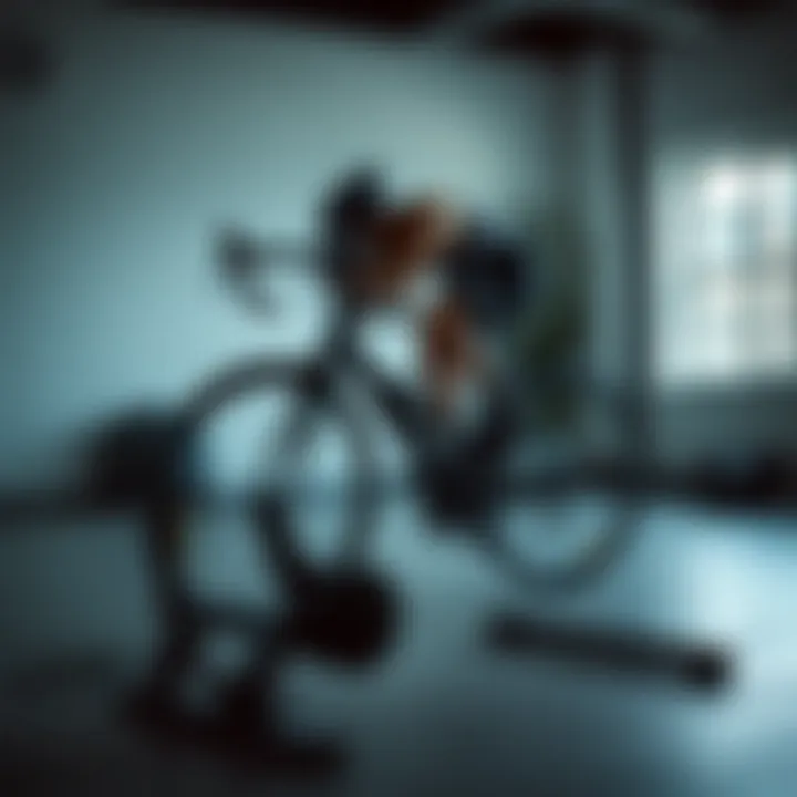 An indoor cycling setup featuring a bike manual trainer in a well-lit environment.
