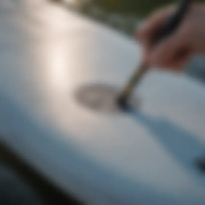 Detailed view of a repair patch being applied to a paddle board