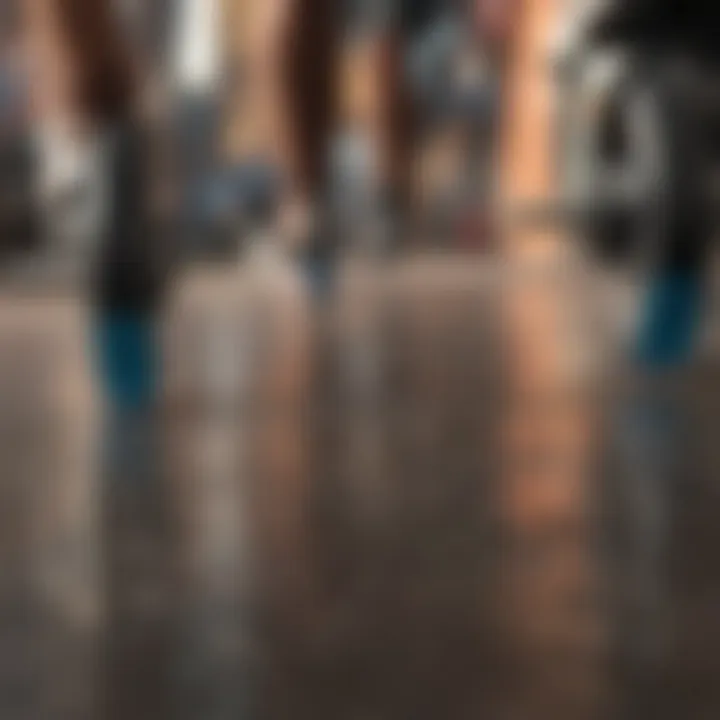 Close-up of longboard wheels on a smooth surface