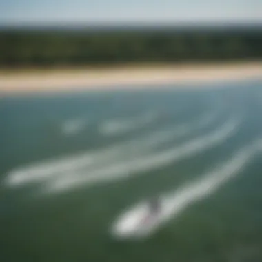 Aerial view of kite surfers gliding over Cape Cod waters