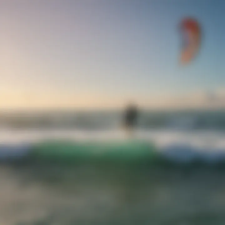 A panoramic view of a popular kite surfing location in Florida, with multiple surfers enjoying the waves.