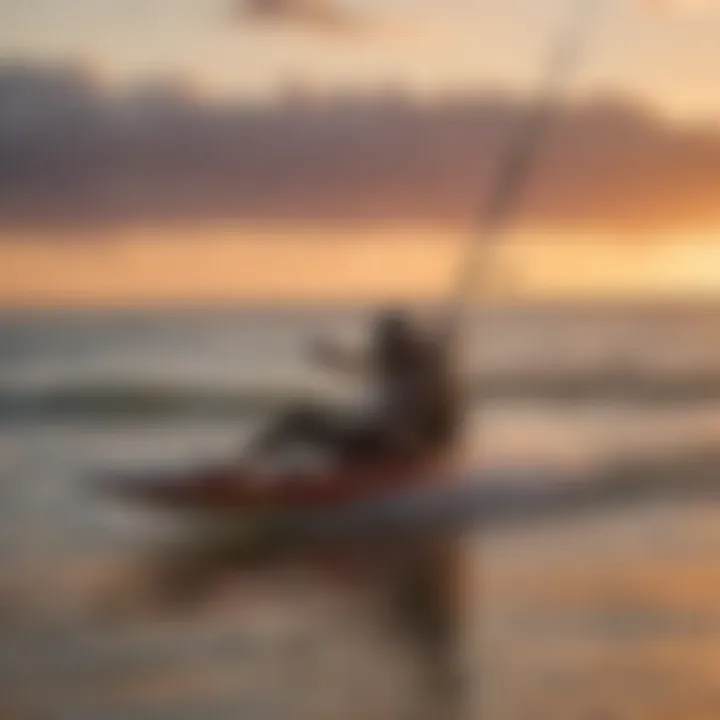 A vibrant sunset over a kite surfing beach in Florida, showcasing colorful kites in the air.