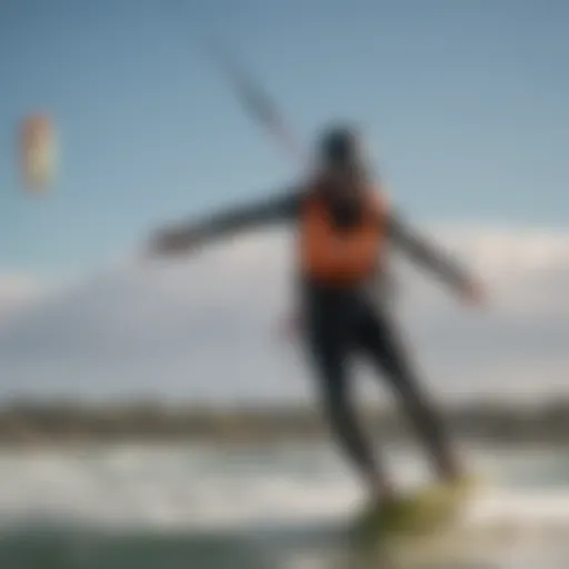 A kiteboarder skillfully maneuvering in strong winds