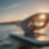 A close-up view of a kitesurf foil board showcasing its aerodynamic design and features.