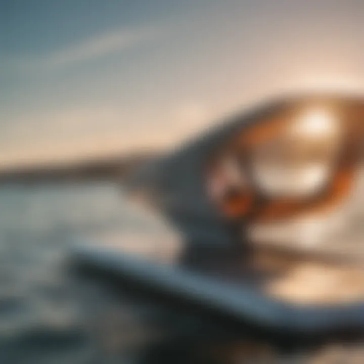 A close-up view of a kitesurf foil board showcasing its aerodynamic design and features.