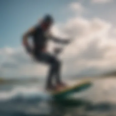 Mastering Maneuvers on a Kitesurf Foil Board An advanced rider executing a maneuver on a kitesurf foil board amidst vibrant water splashes.