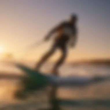 Gliding into the Sunset: The Art of Kitesurf Foiling A serene sunset view of a kitesurf foil board gliding effortlessly over calm waters.