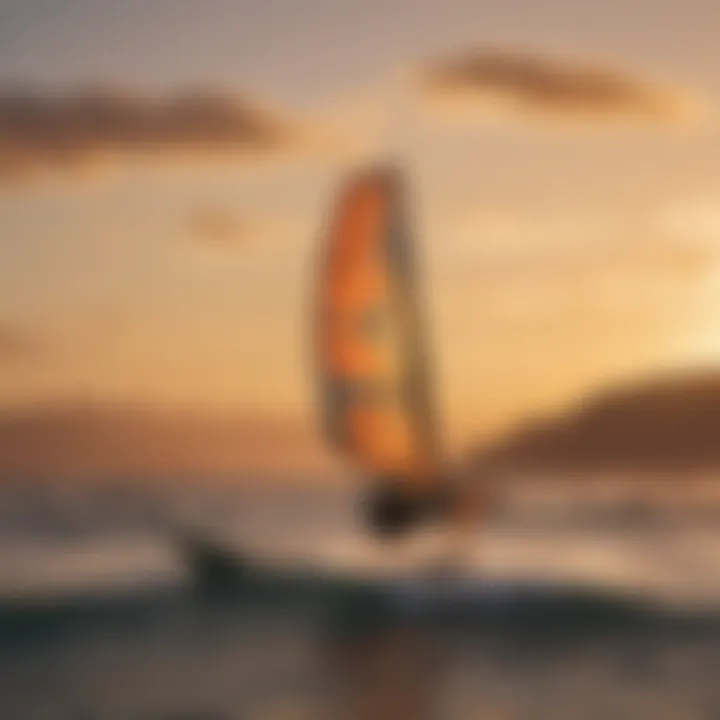 Scenic view of a kitesurfer against a sunset backdrop