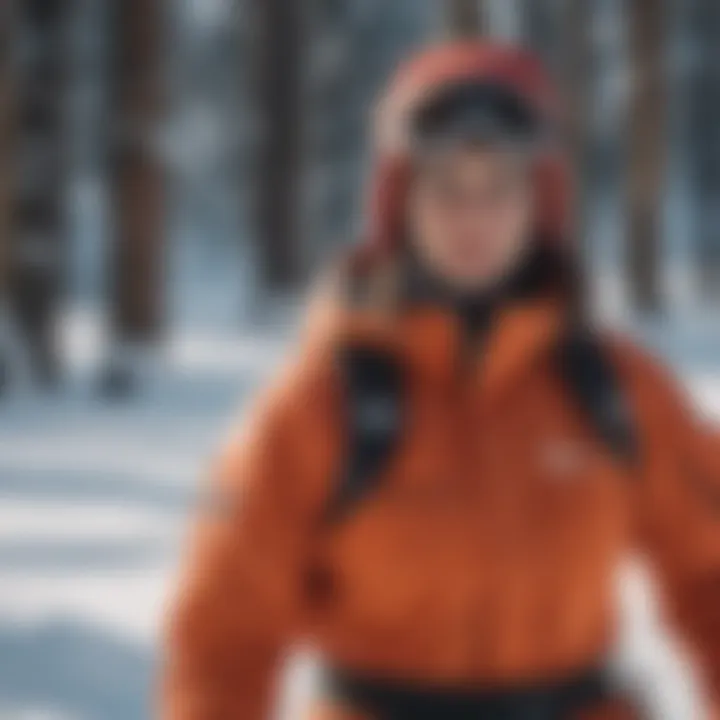 A woman navigating through snow wearing a vibrant snow bib