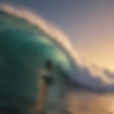 Surfer riding a massive wave during sunset